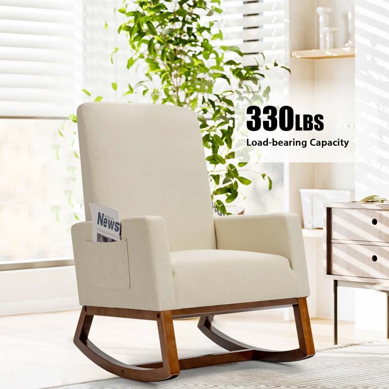 High Back Rocking Chair Upholstered Living Room Chair Nursery Accent Armchair with Wood Base & Side Pocket