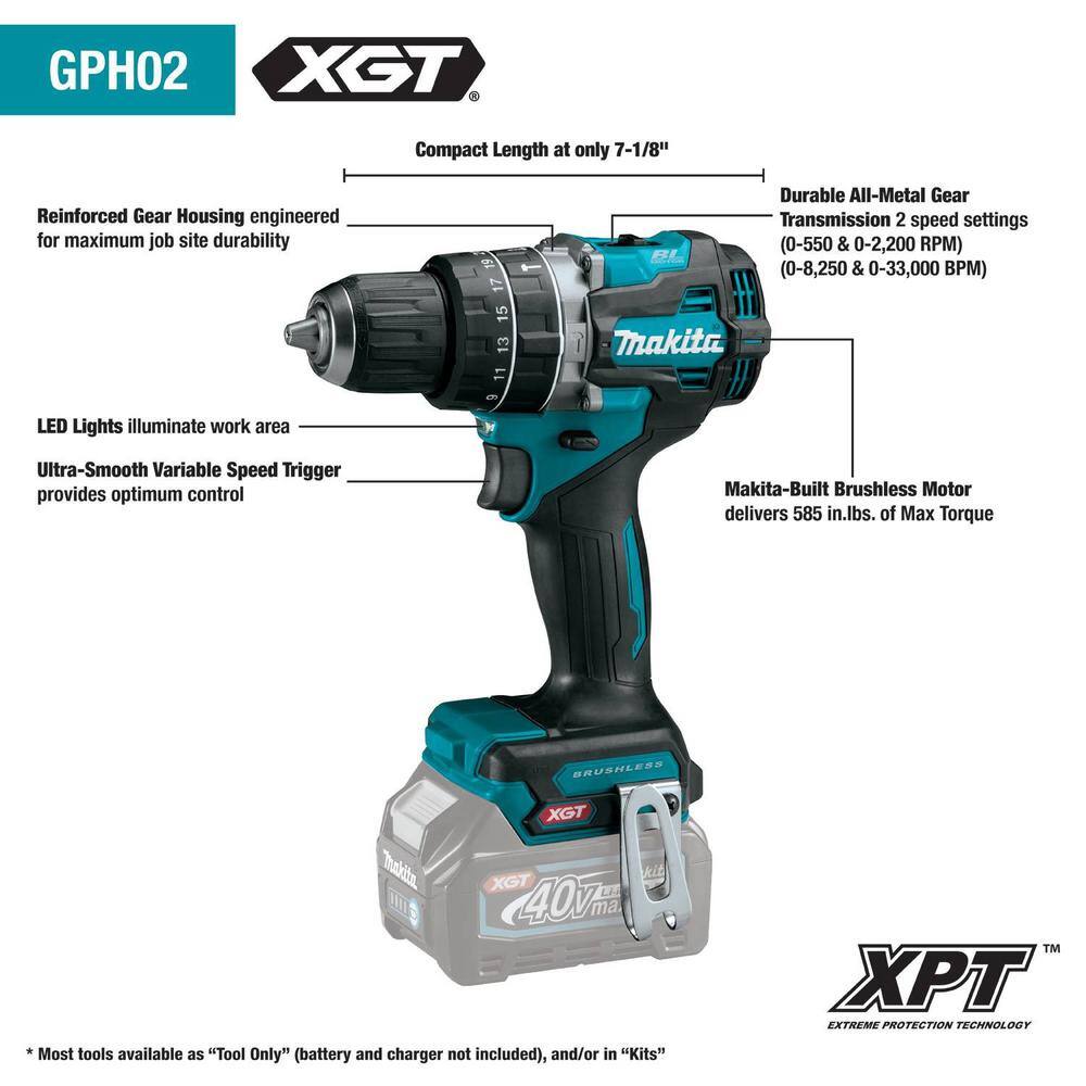 Makita 40V Max XGT Compact Brushless Cordless Compact 12 in. Hammer Driver-Drill Kit (2.5Ah) GPH02D