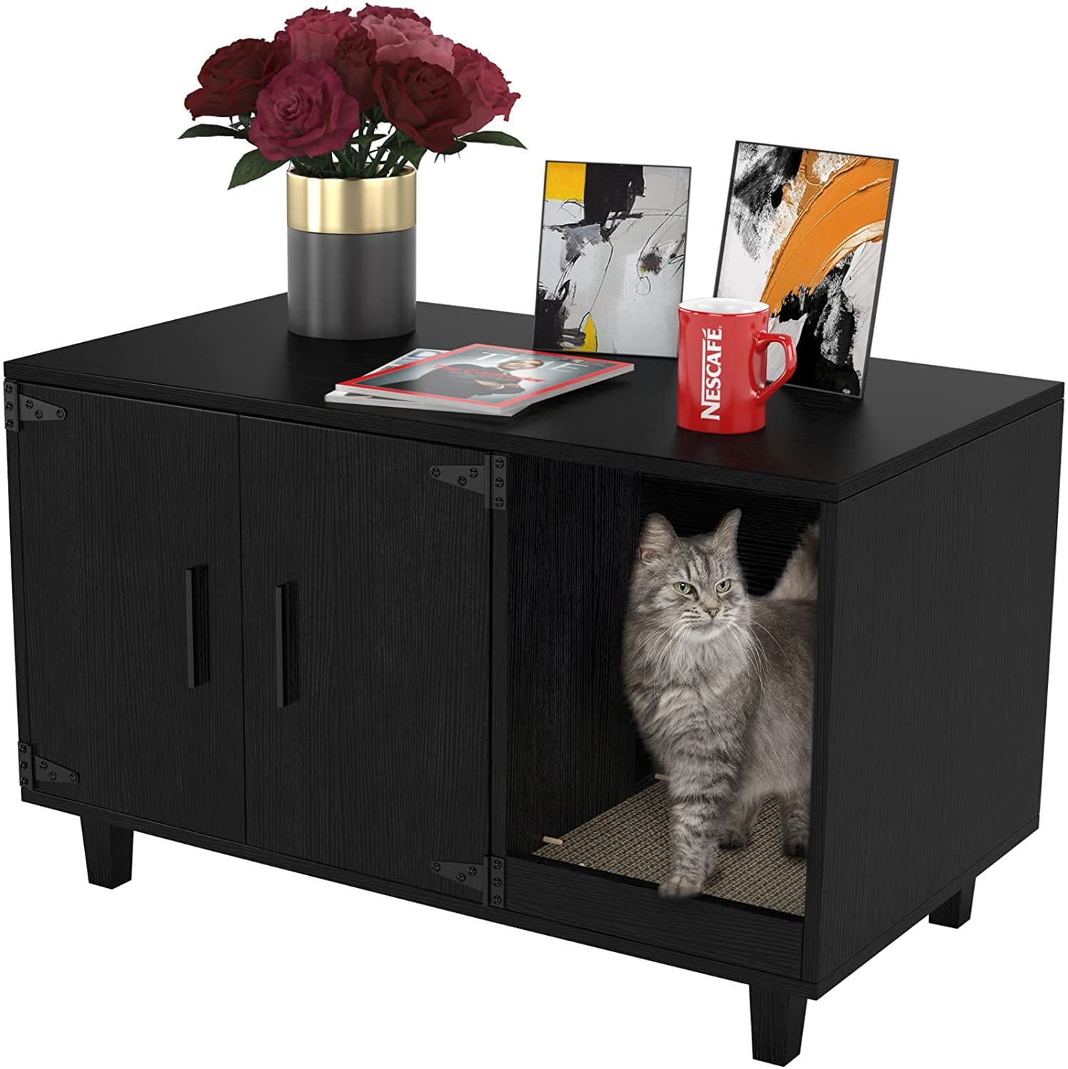 GDLF Pet Crate Cat Washroom Hidden Litter Box Enclosure  as Table Nightstand with Scratch Pad，Stackable