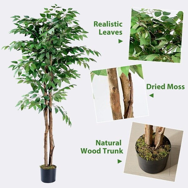 Artificial Ficus Tree with Natural Wood Trunk，Faux Plant for Office Home，Indoor Outdoor Decor，1 Pack