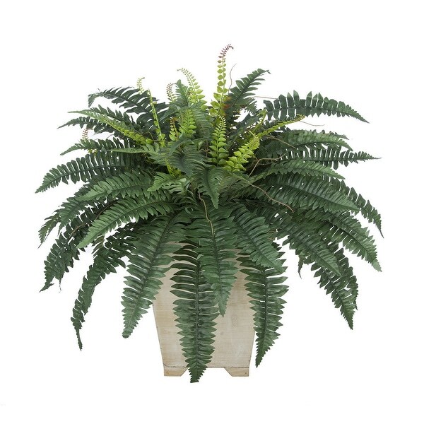 Faux Fern in Short Wood Washed Planter