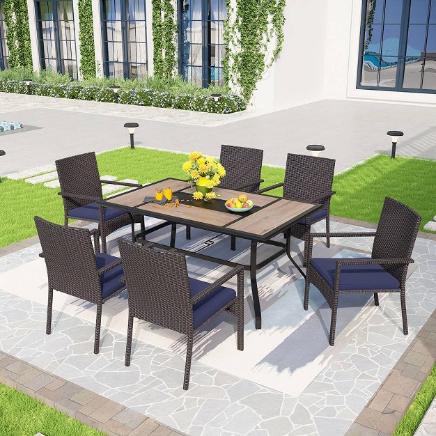 7pc Patio Dining Set With Rectangular Steel Table amp Rattan Chairs Blue brown Captiva Designs