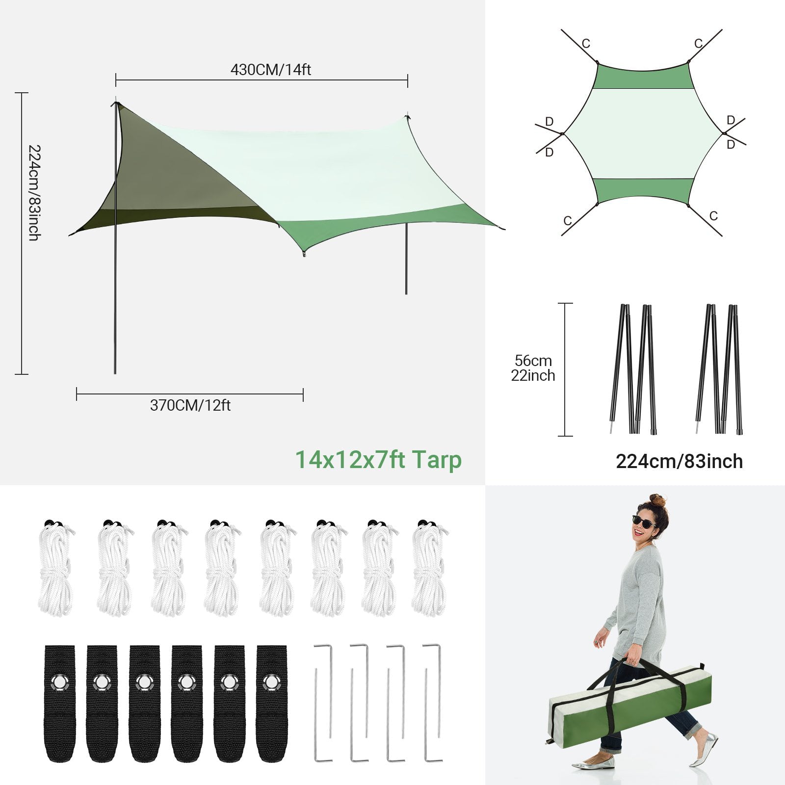 12 x 14ft Camping Tent Tarp Waterproof UPF 50+ Hammock Rain Fly with 2 Poles Outdoor Camping Accessories Tarp Shelter Lightweight and Compact for Backpacking, Hiking, Traveling, Green