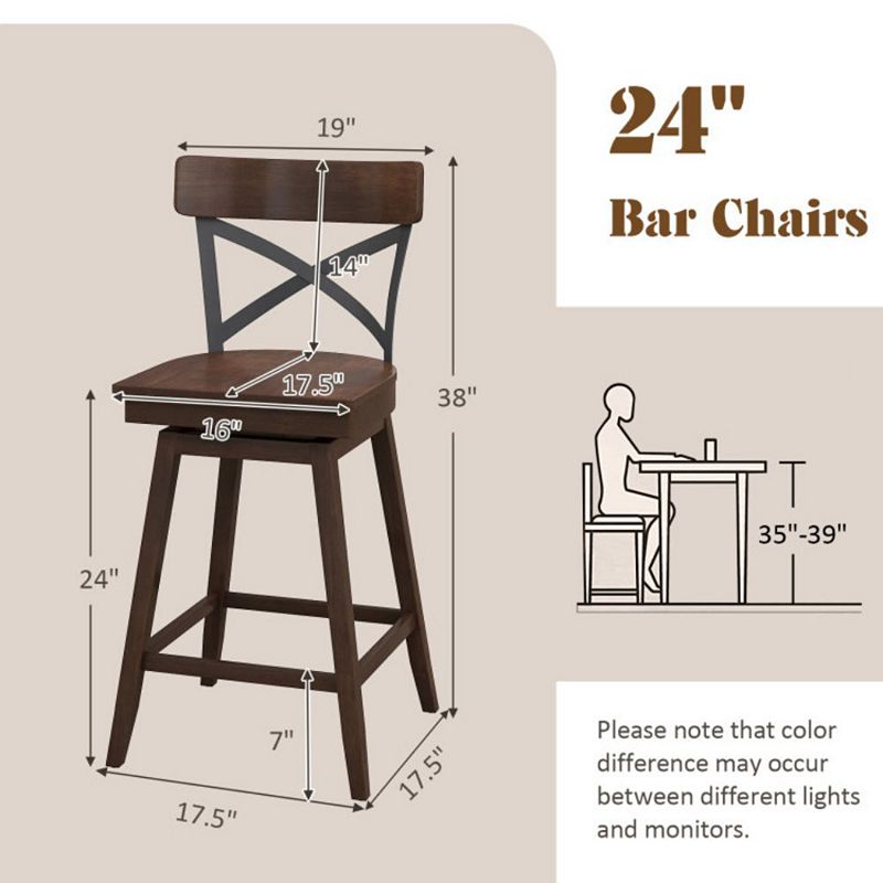 Hivago Set of 2 Wooden Swivel Bar Stools with Open X Back and Footrest-24 inches