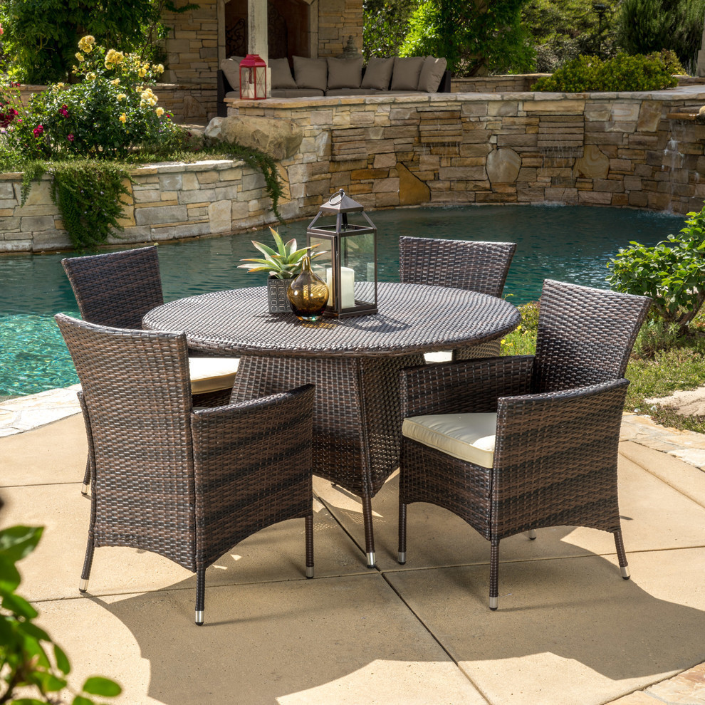 GDF Studio 5 Piece Clementine Outdoor Multibrown Wicker Round Dining Set   Tropical   Outdoor Dining Sets   by GDFStudio  Houzz