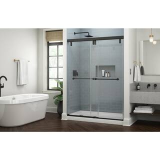 Delta Lyndall 60 in. W x 71-12 in. H Mod Soft-Close Sliding Frameless Shower Door in Black with 38 in. Clear Glass SDMSD60-MB-R