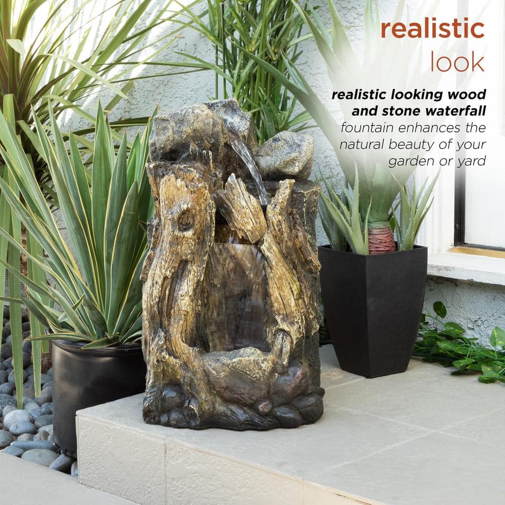 Alpine Corporation 22 in. Tall Outdoor Rainforest Tree Trunk and Stone Waterfall Fountain with LED Lights WIN270S