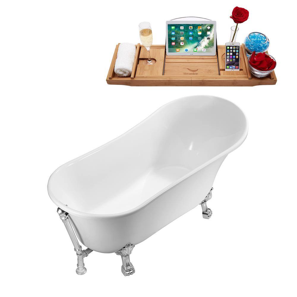 Streamline 59.1 in. Acrylic Clawfoot Non-Whirlpool Bathtub in Glossy White With Polished Chrome Clawfeet And Polished Chrome Drain N341CH-CH