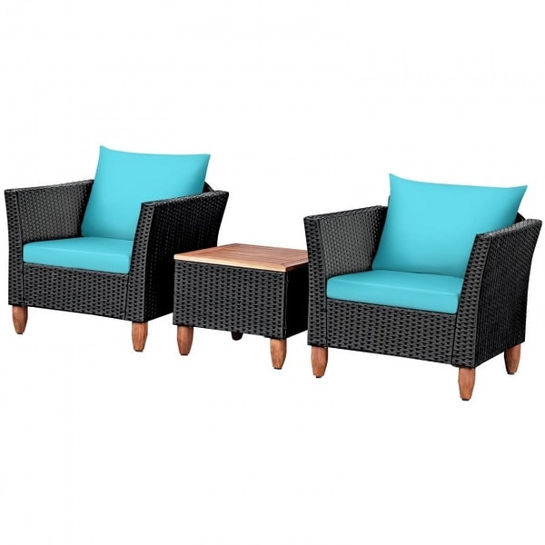 3 Pcs Outdoor Patio Rattan Furniture Set Wooden Table Top Cushioned Sofa