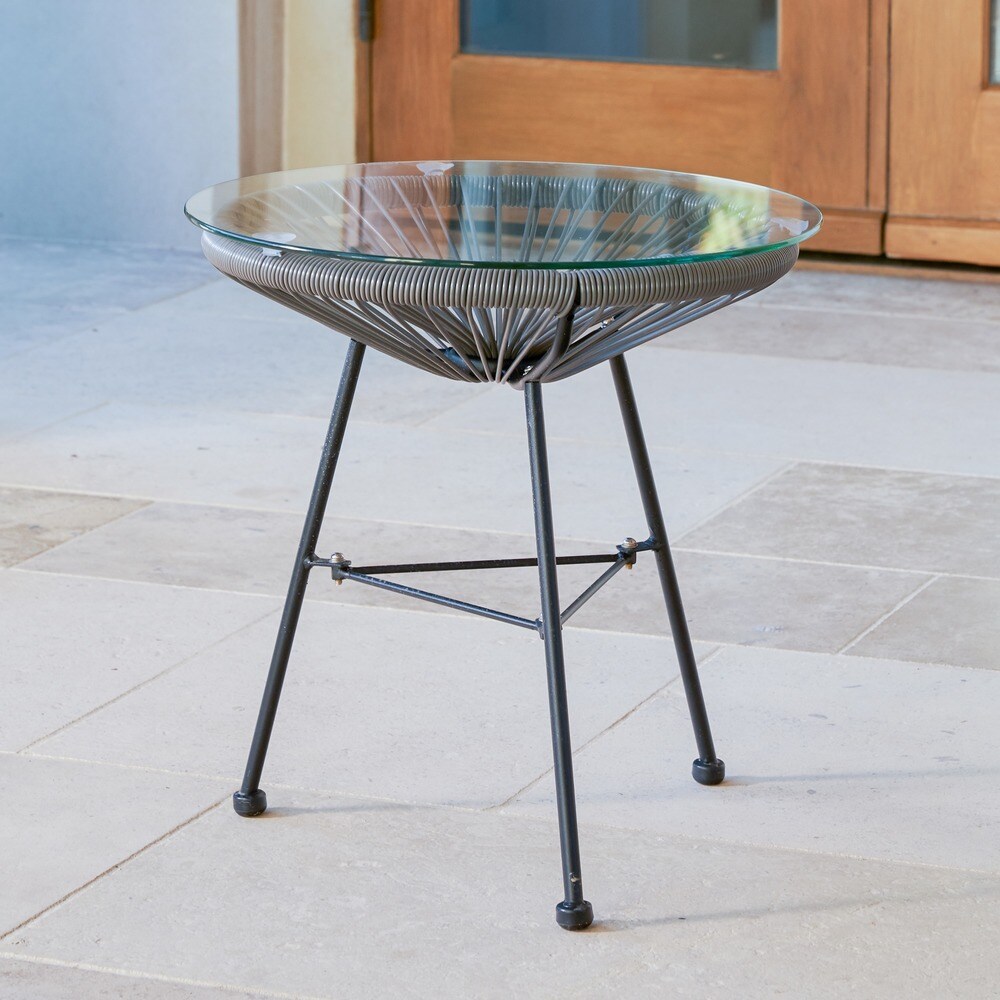 Corvus Sarcelles Modern Woven Wicker Patio Side Table with Glass Top