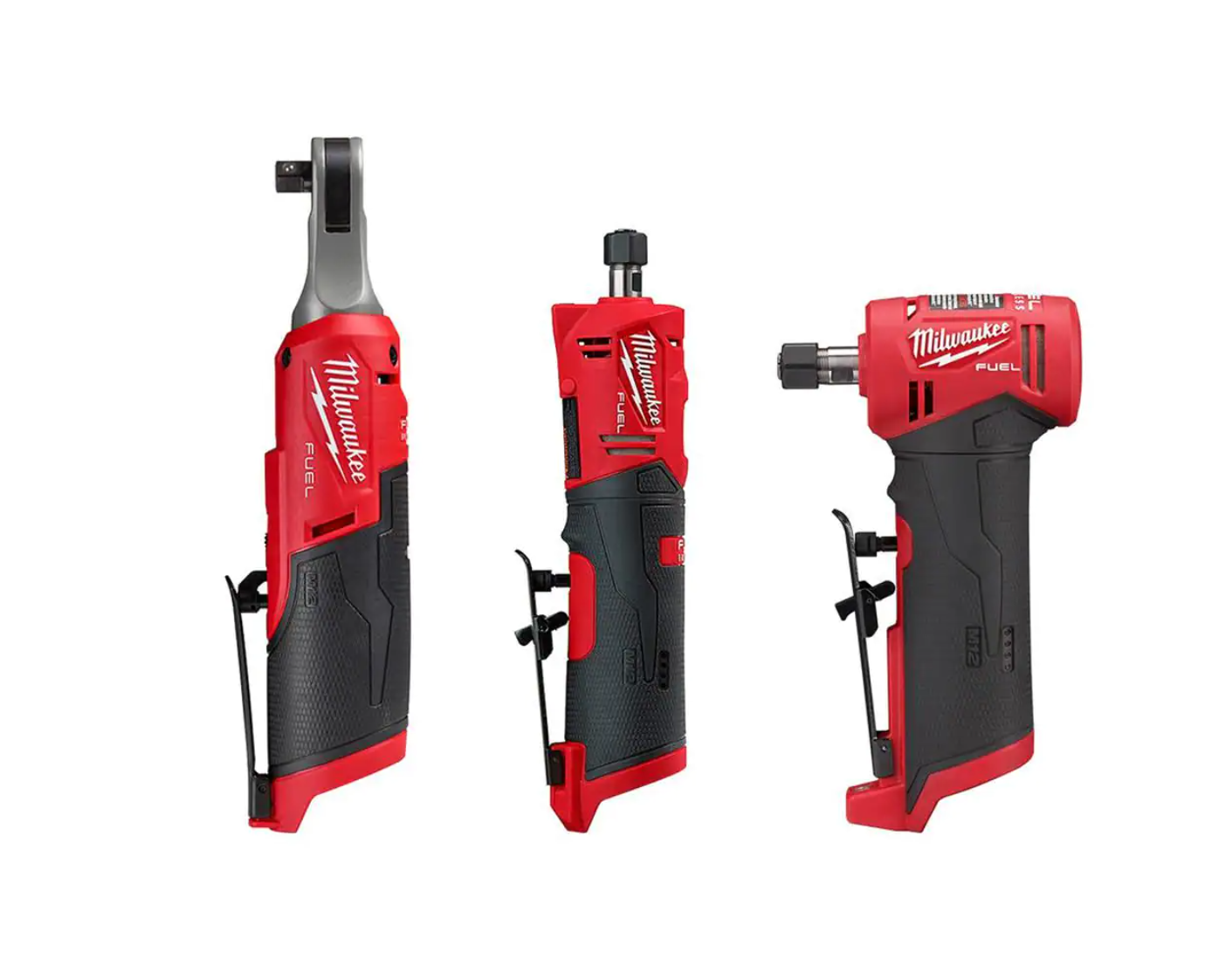 Milwaukee M12 FUEL 12-Volt Lithium-Ion High Speed 3/8 in. Ratchet w/ (1) 1/4 in. Right Angle and (1) 1/4 in. Straight Die Grinder (2567-20-2485-20-2486-20)