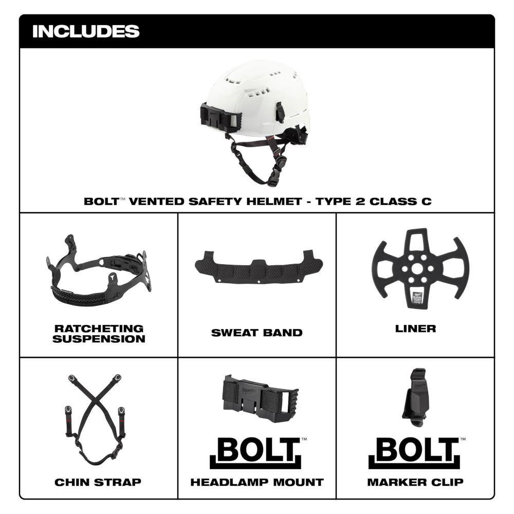 MW BOLT White Type 2 Class C Vented Safety Helmet 48-73-1300