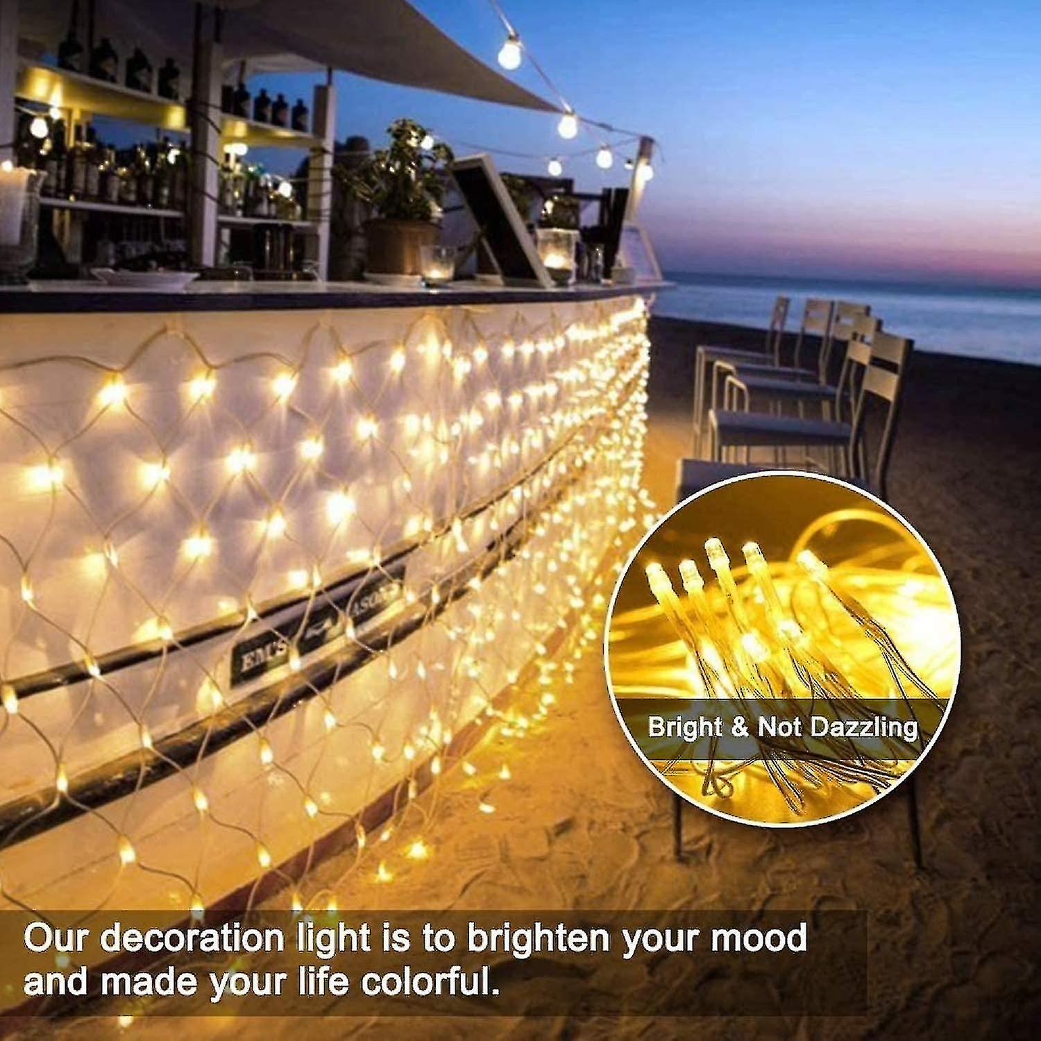 200 Led Net String Lights 3mx2m 8 Modes Energy Waterproof，warm White