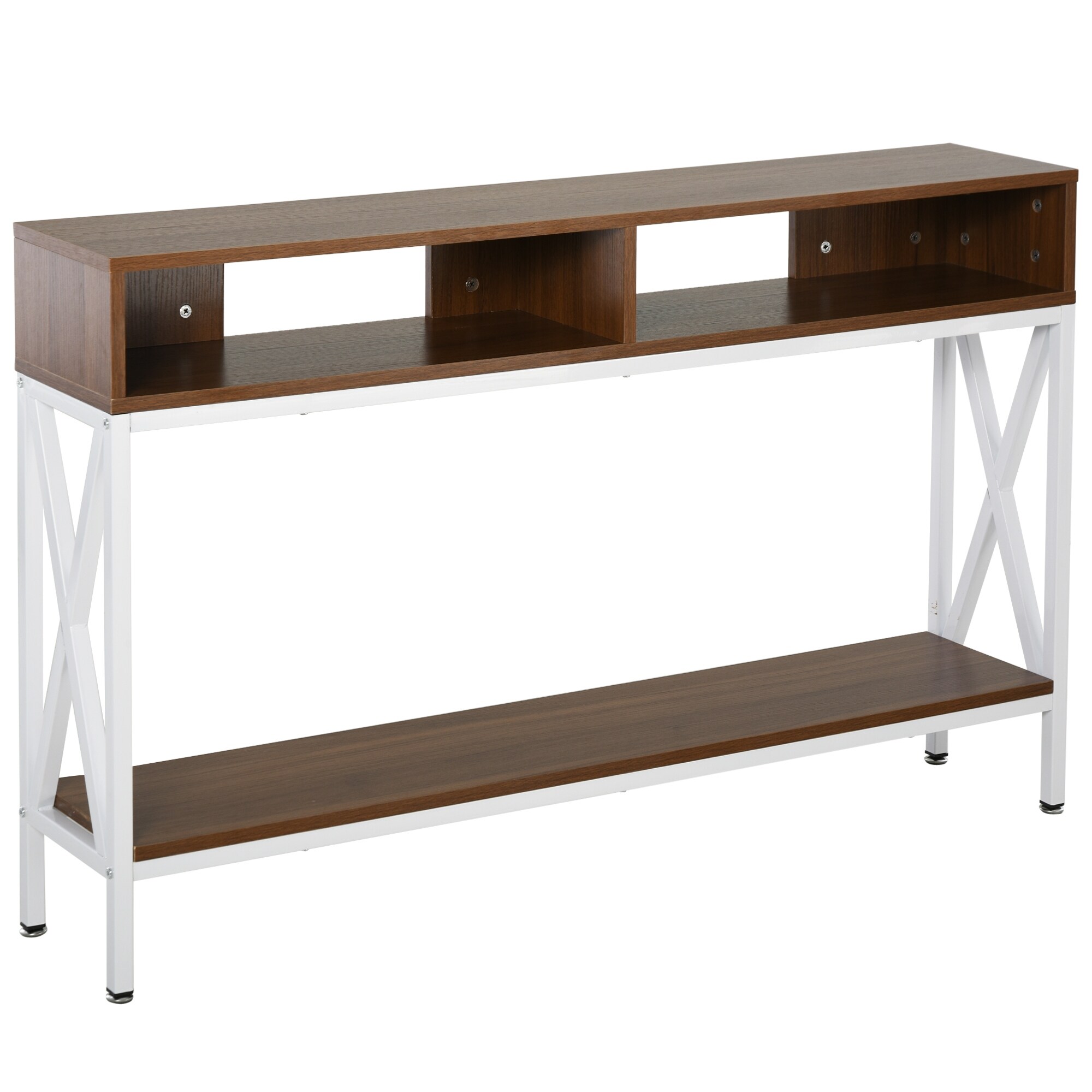 HOMCOM Industrial Style Entryway Console Table Desk with Shelf for Living Room， or Bedroom， Walnut Wood Grain