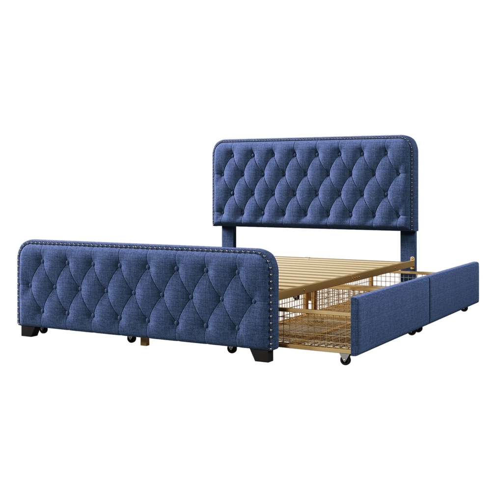 Full Upholstered Platform Bed Frame with Storage Drawers