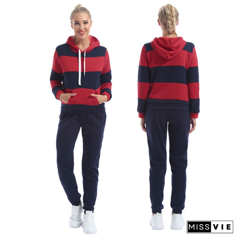 Plus Size Women's Casual Two Piece Outfits Stripes Sweatsuit Tracksuit Pocket Hoodies Sweatshirt Drawstring Pants S-Xxxl