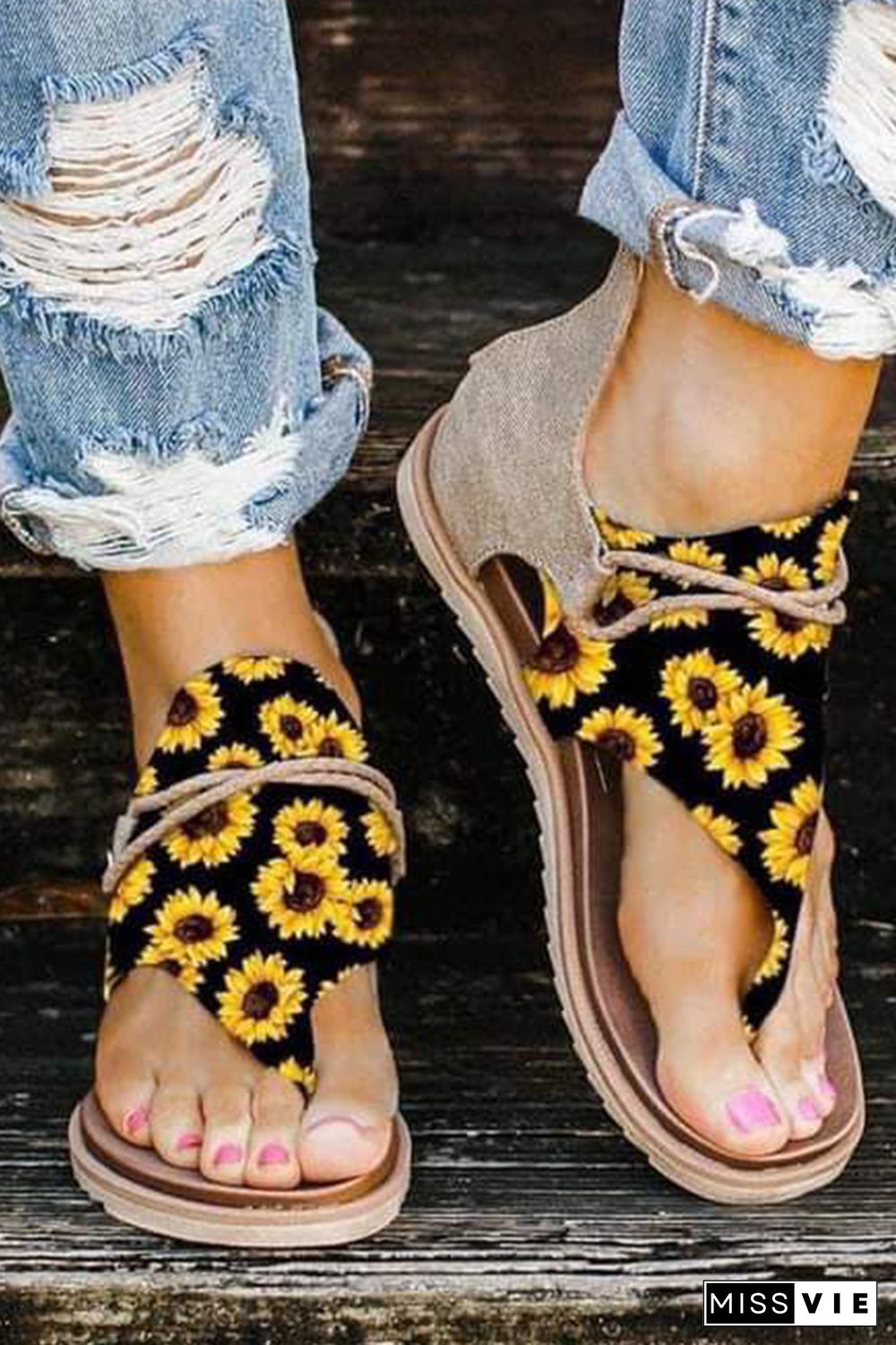 Sunflower Print Zipper Flat Sandals