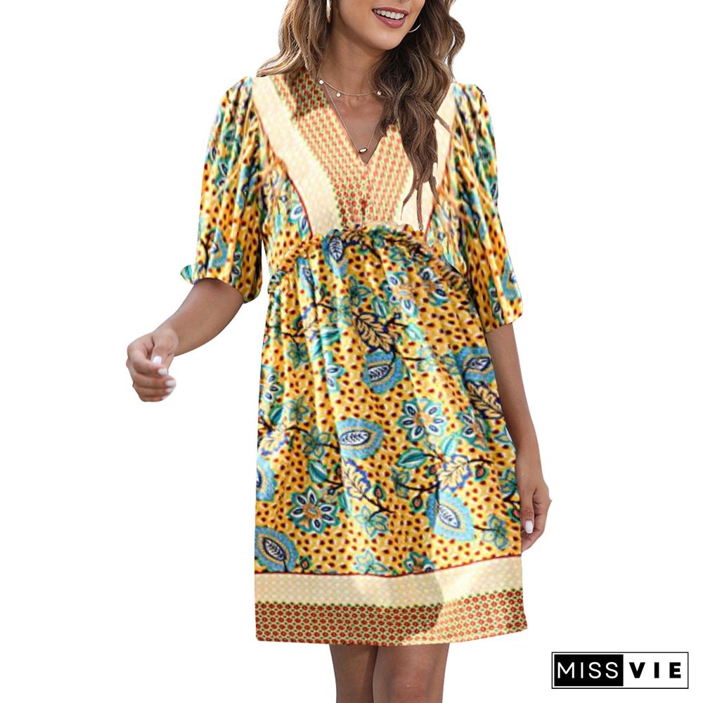 Bohemian Print V-neck Bubble Sleeve Big Swing National Style Dress Women's Wear