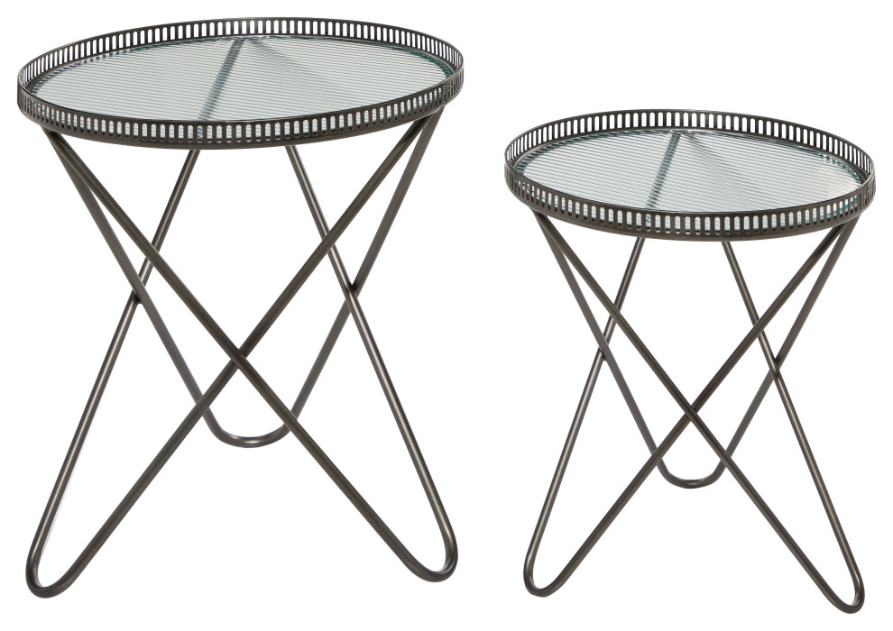 Round Industrial Metal Accent Tables With Glass Tops  Set of 2: 26.5 quot  19.5 quot  Midcentury   Side Tables And End Tables   by Brimfield  ampMay  Houzz