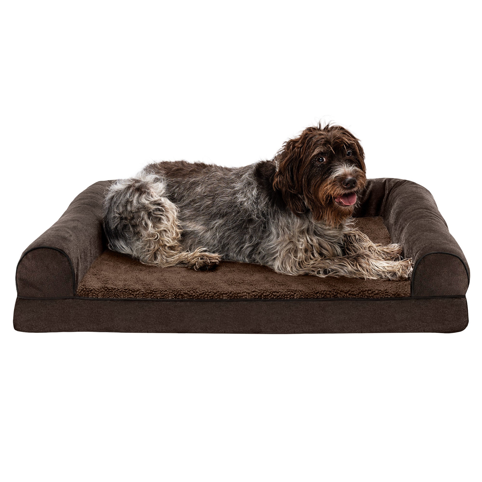 FurHaven | Memory Foam Faux Fleece & Chenille Sofa Pet Bed for Dogs & Cats, Coffee, Jumbo