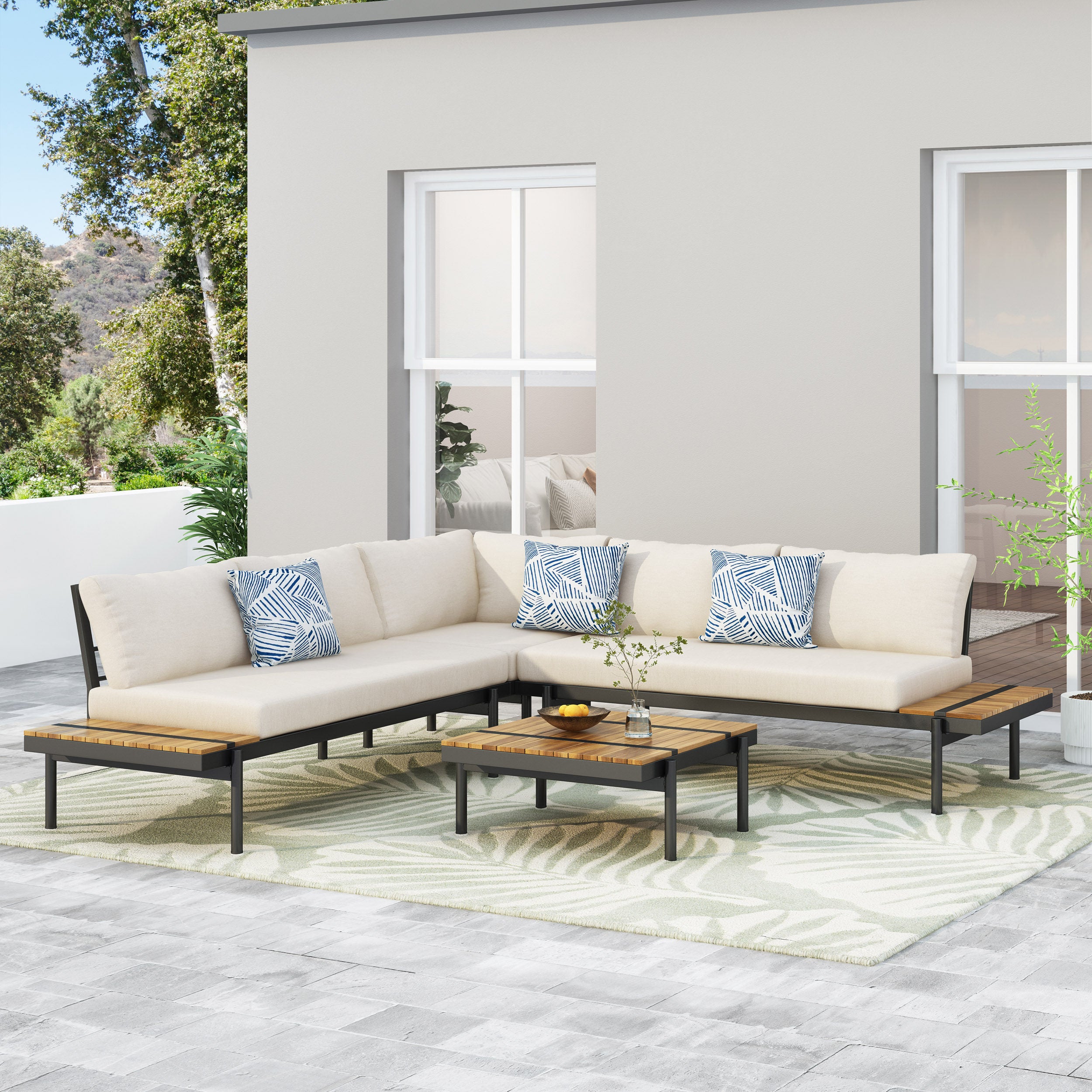 Cody Outdoor Acacia Wood 5 Seater Sectional Sofa Set with Water Resistant Cushions, Teak, Black, and Cream