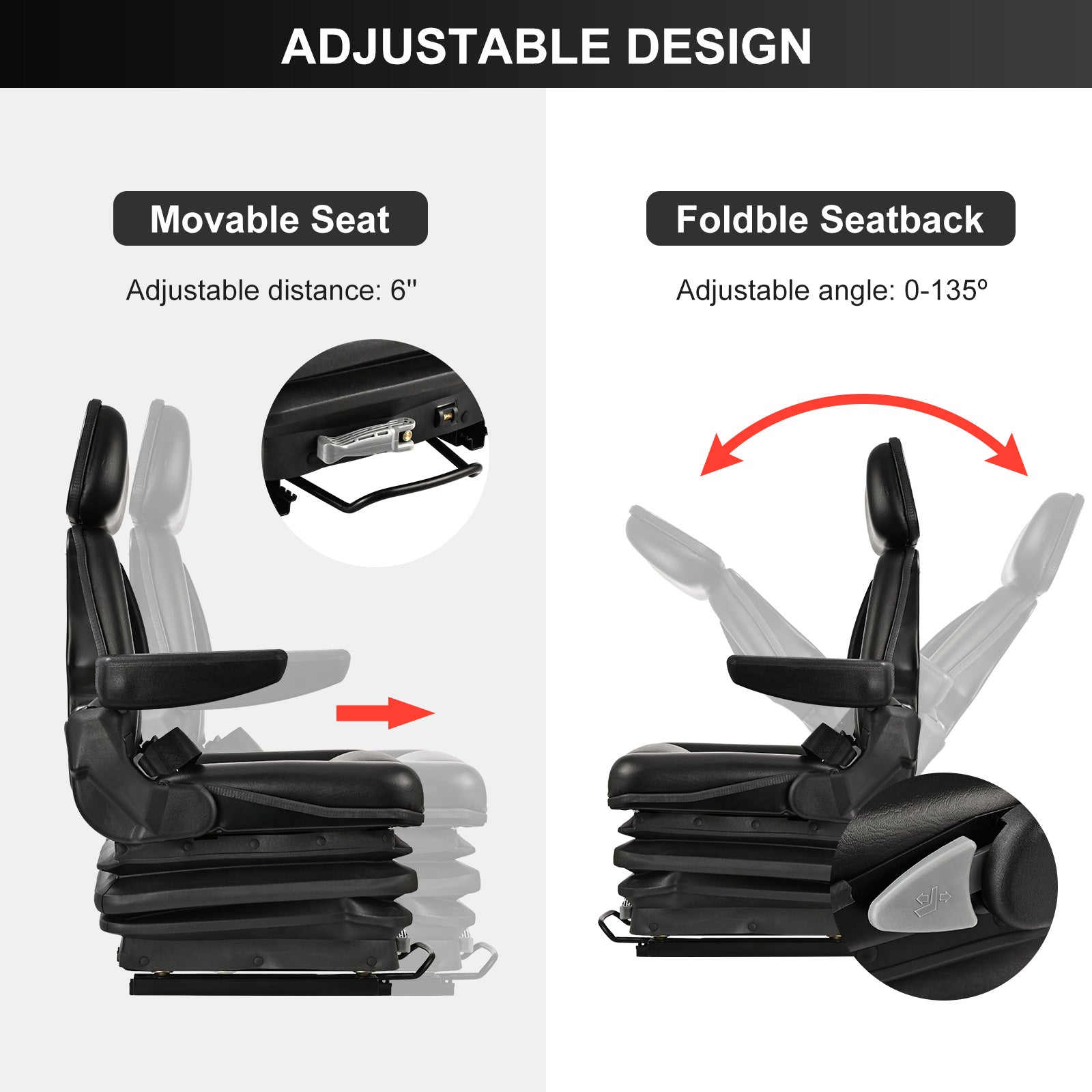 Universal Tractor Variable Suspension Seat Replacement Black Forklift Seat PVC Mower Seat with 0-135° Adjustable Backrest，0-90° Ad