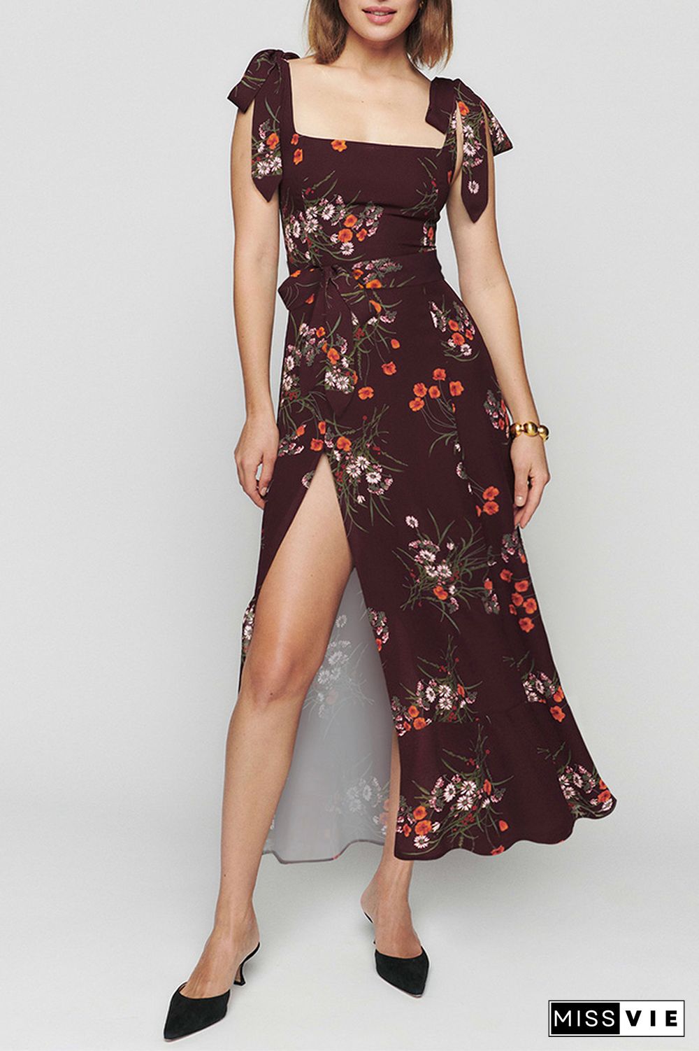 Tie Strap Floral Printed Side Split Cami Dress