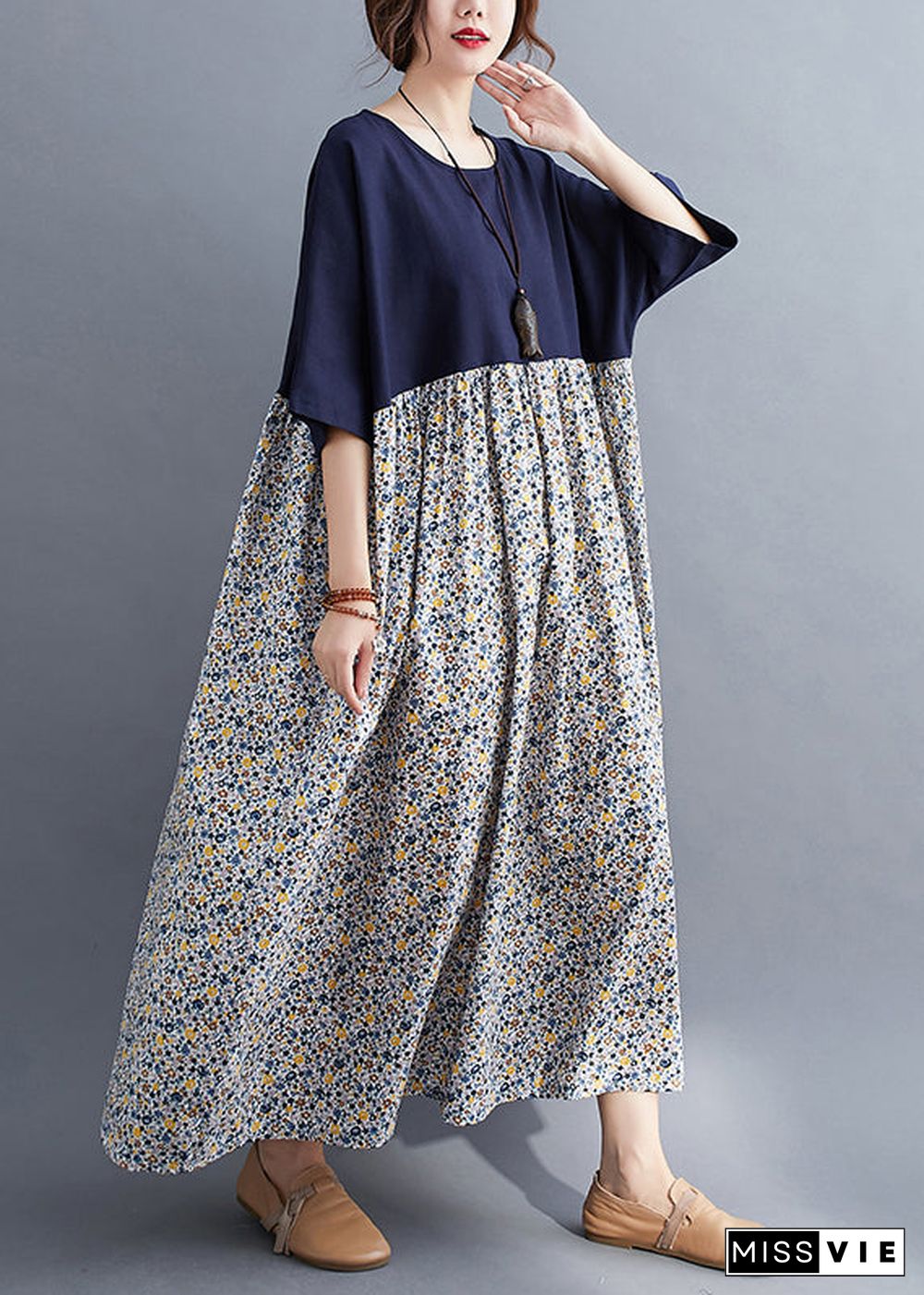 Women Navy O-Neck Print Patchwork Maxi Dresses Half Sleeve