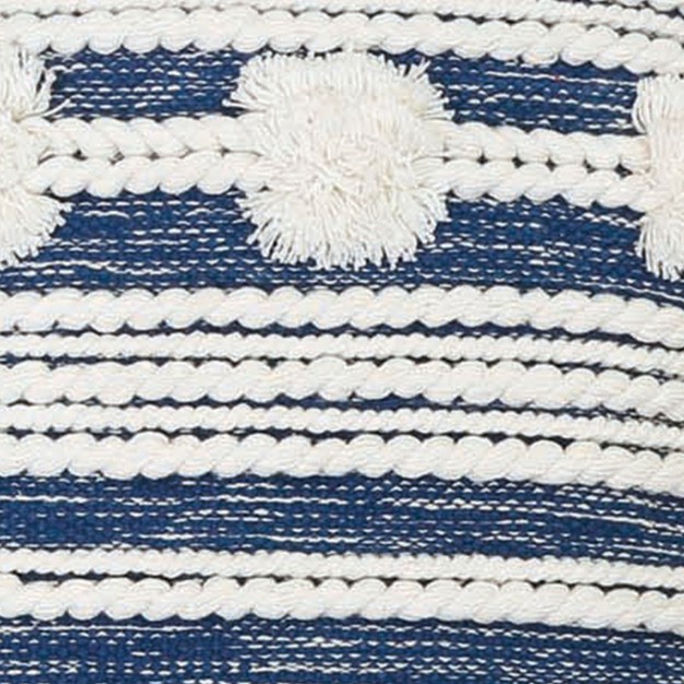 Blue And White Hand Woven 20 X 20 Inch Decorative Cotton Throw Pillow Cover With Insert And Hand Tied Braiding Pom poms And Tassels Foreside Home amp