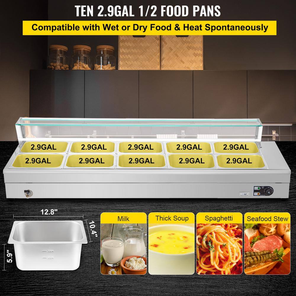 VEVOR 10 Pan x 12 GN Stainelss Steel Commercial Food Steam Table 6 in. Deep 1500Watt Electric Countertop Food Warmer 110 Qt. BLZBWTC10B2100001V1