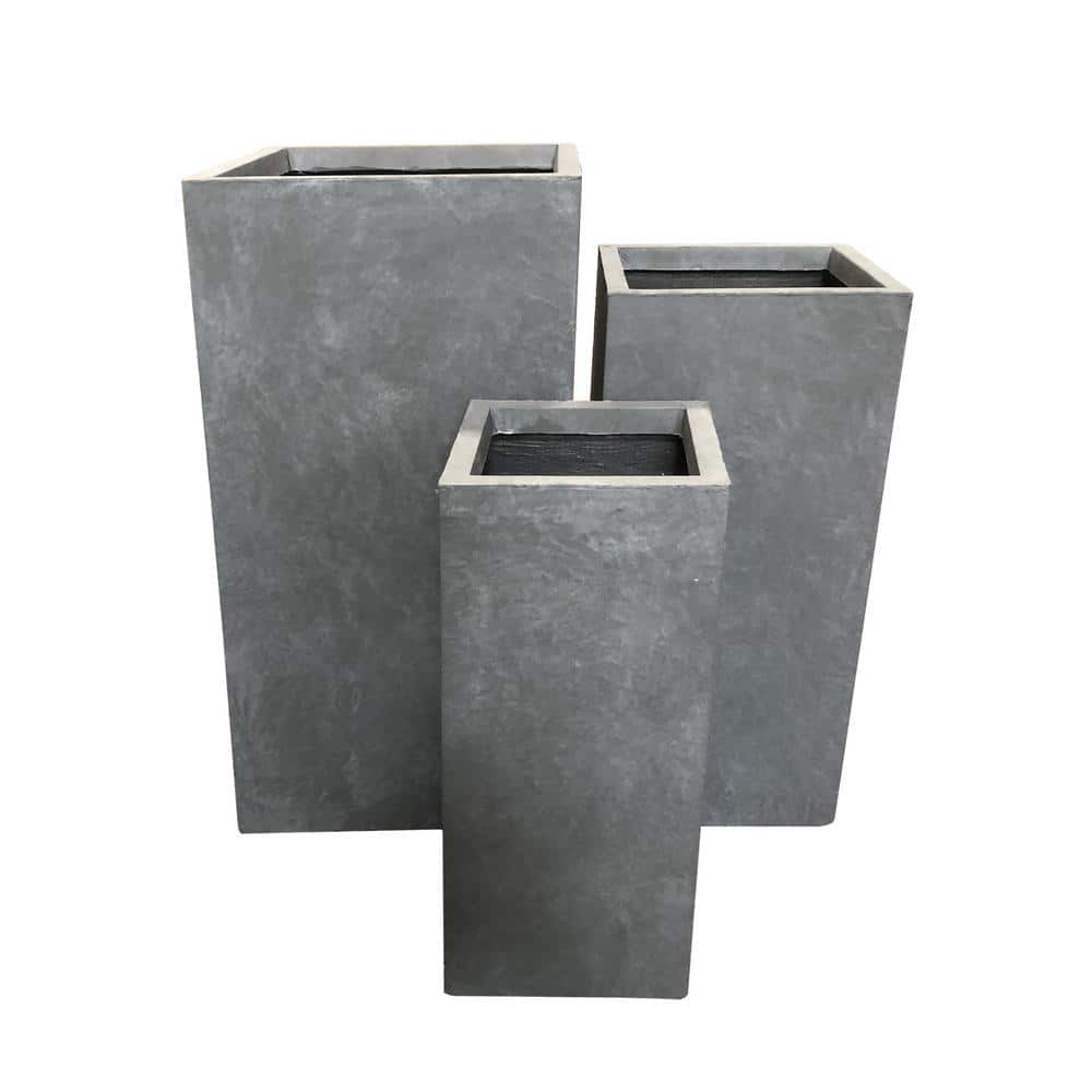 KANTE 28 in. Tall Slate Gray Lightweight Concrete Rectangle Modern Tapered Outdoor Planter (Set of 3) RF0002ABC-C60611