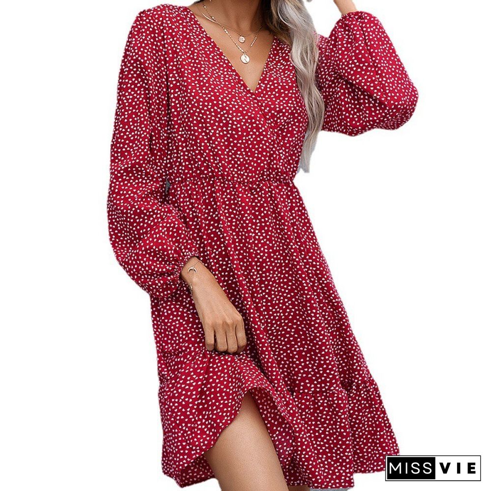 Elegant Love Print Dress Women Summer Dress Spring New V Neck Pullover Full Balloon Sleeve Casual Chic A-line Mini Dress