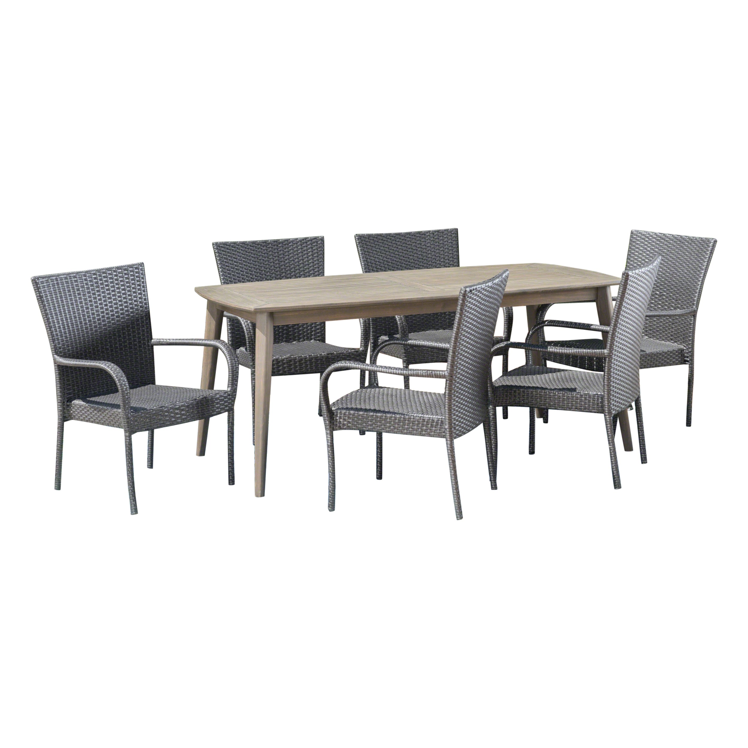 Livio Outdoor 7 Piece Wood and Wicker Dining Set, Gray and Gray