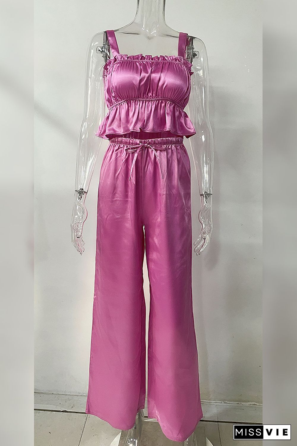 Plain Ruched Cami Crop Top With Wide Leg Pants 2pcs Set