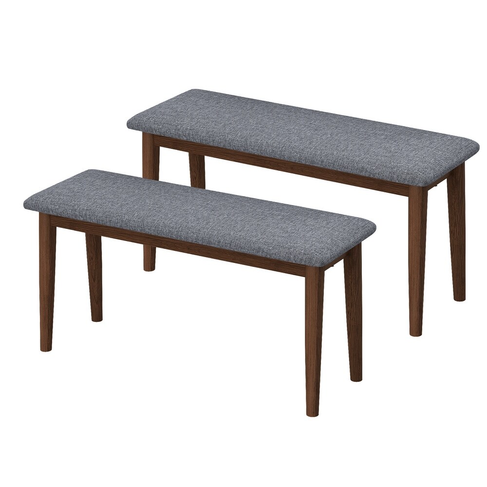 2PCS Grey Fabric Upholstered Benches Retro Rubber Wood Dining Bench Entrance Shoe Stools for Living Room Kitchen