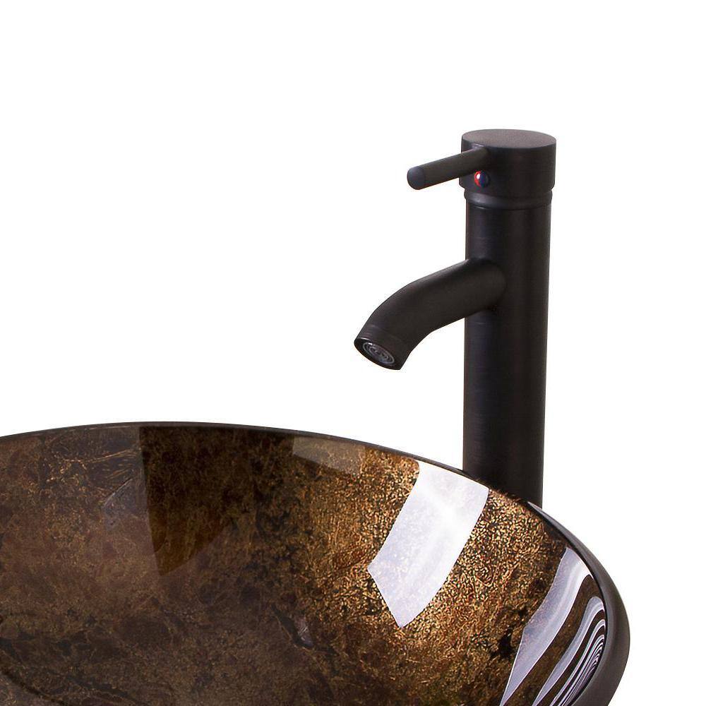 Flynama Solid Tempered Glass Round Bathroom Vessel Sink in Brown with Oil Rubbed Bronze Faucet and Chrome Pop-Up Drain USBR1001