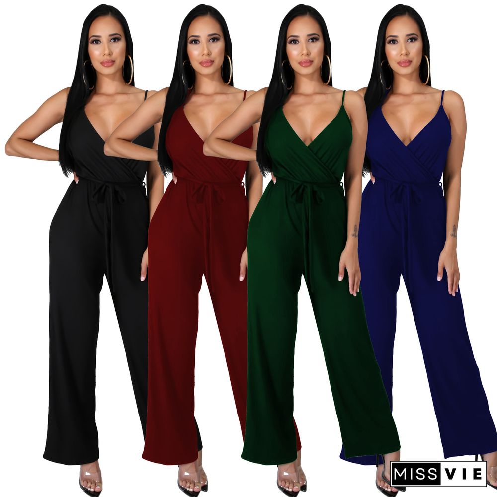 Women Elegant Summer Deep V Neck Sleeveless Solid Color Wide Leg Spaghetti Strap Bandage Jumpsuit