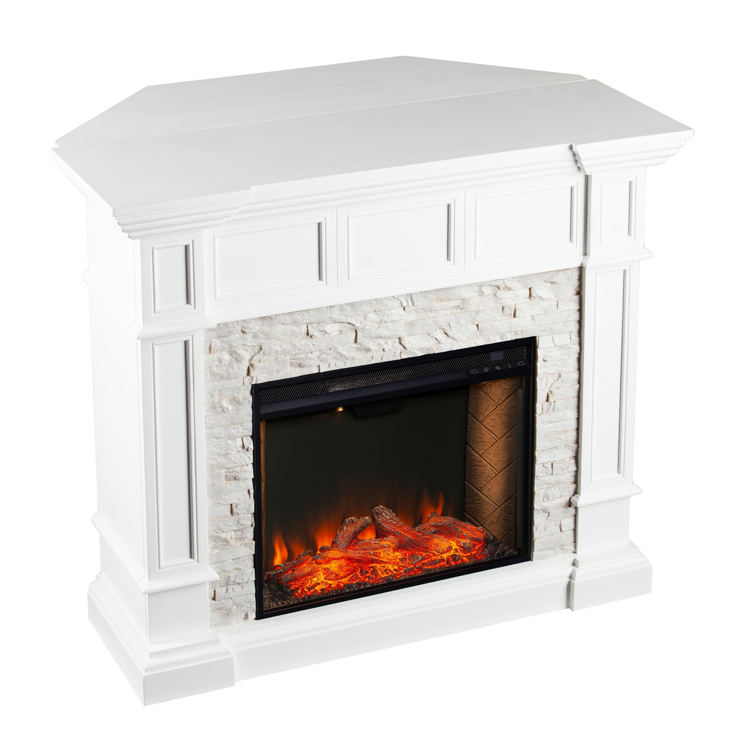 SEI Addao Freestanding Smart Convertible Corner Fireplace in White with Faux Stone