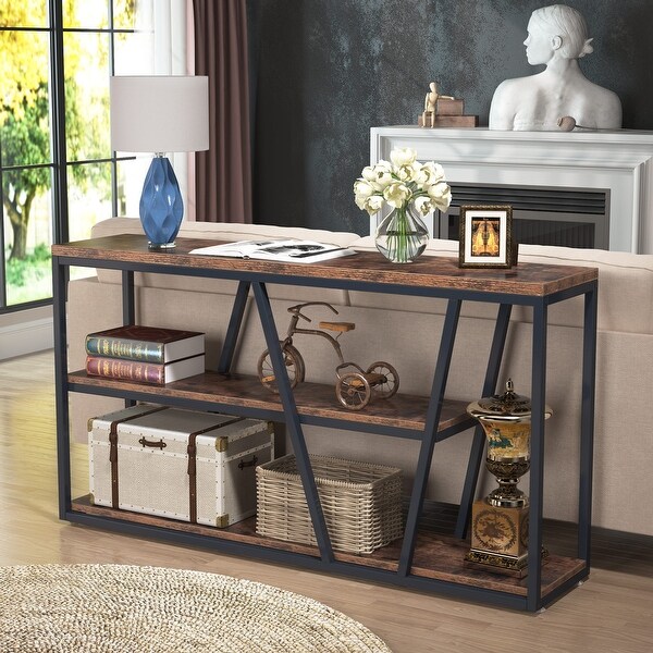 Industrial Console Table Sofa Table with Shelves - 59.1