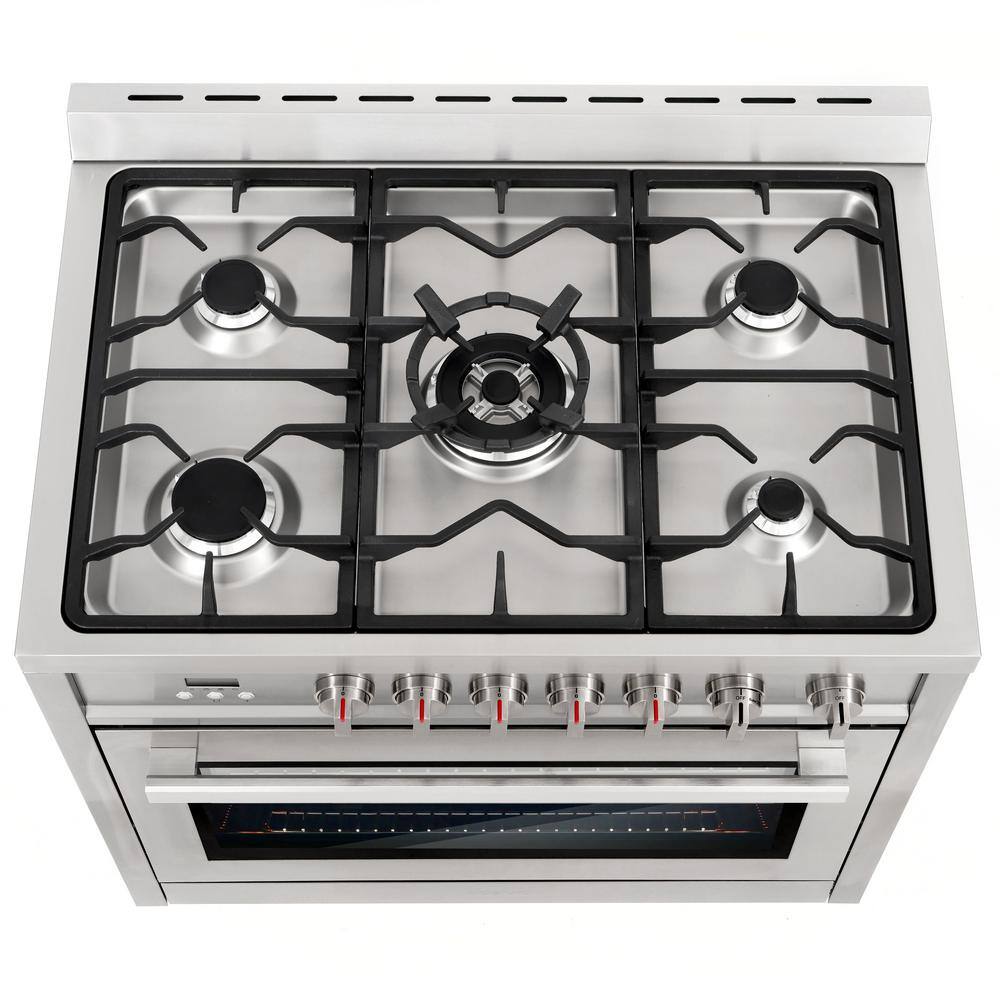 Cosmo 36 in. 3.8 cu. ft. Single Oven Gas Range with 5 Burner Cooktop and Heavy Duty Cast Iron Grates in Stainless Steel COS-965AGFC