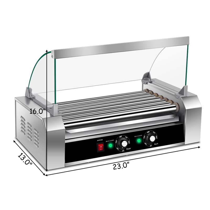 7 Non-Stick Roller 18 Hot Dog Roller Sausage Grill Cooker Machine with Glass Hood Cover, Commercial Household Hot Dog Rotisserie