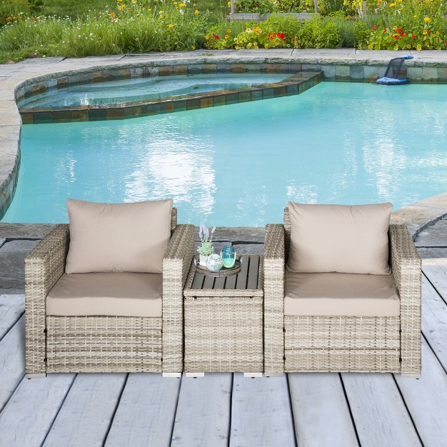 Outsunny 3 Piece Patio Furniture Set Pe Rattan Small Wicker Balcony Furniture Table amp Chairs With Cushions Composite Table For Apartment Gray