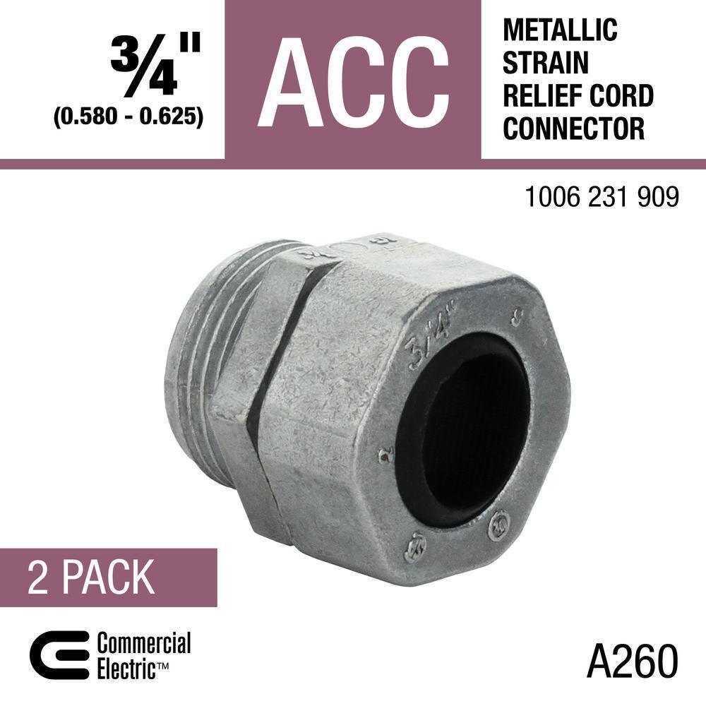 Commercial Electric 34 in. (fits wire range: 0.580 in. - 0.625 in.) Metallic Strain Relief Cord Connector (2-Pack) FAS3Z-75-2