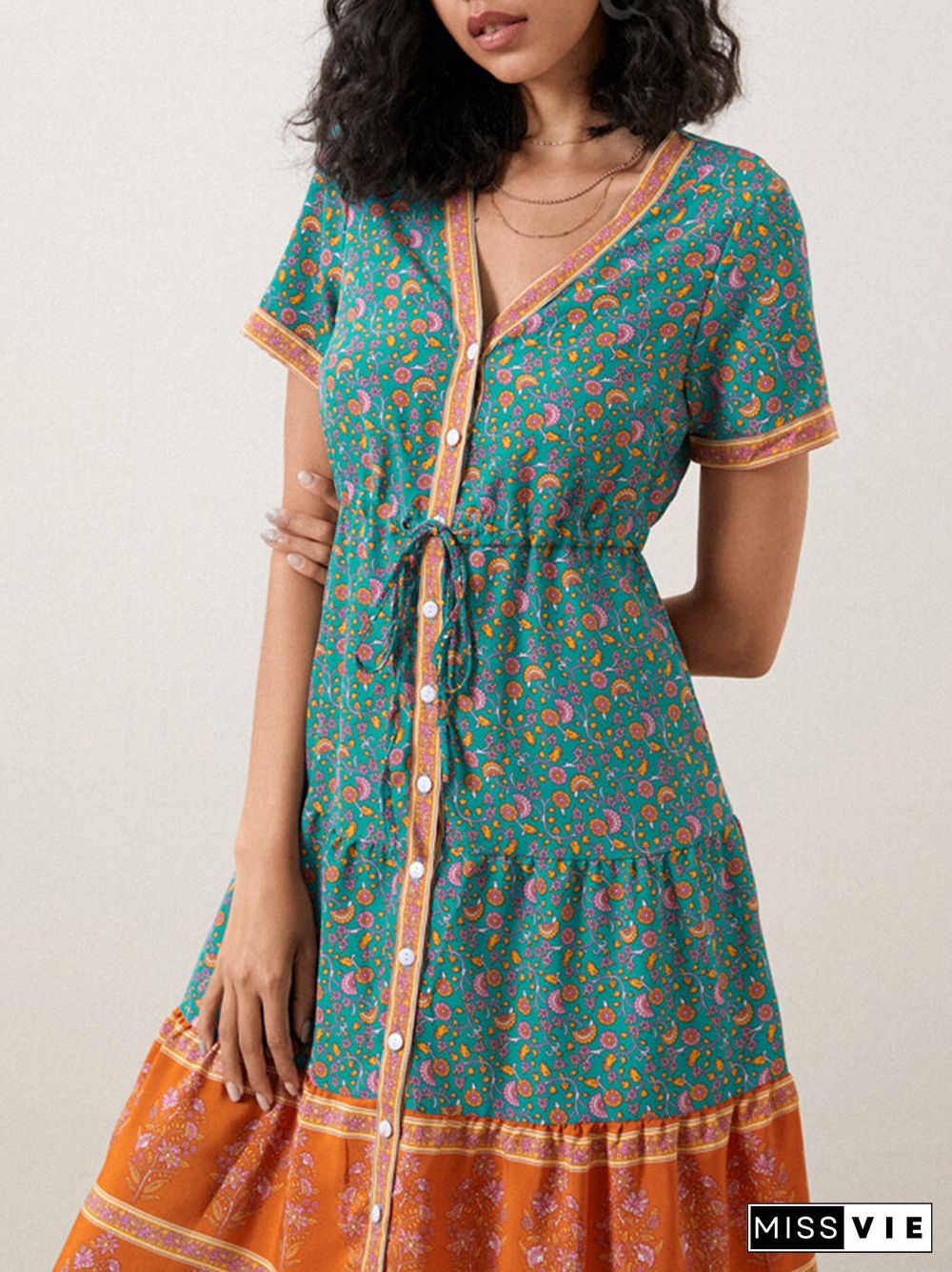 Bohemian Floral Print Drawstring Waist Button V-neck Chiffon Dress