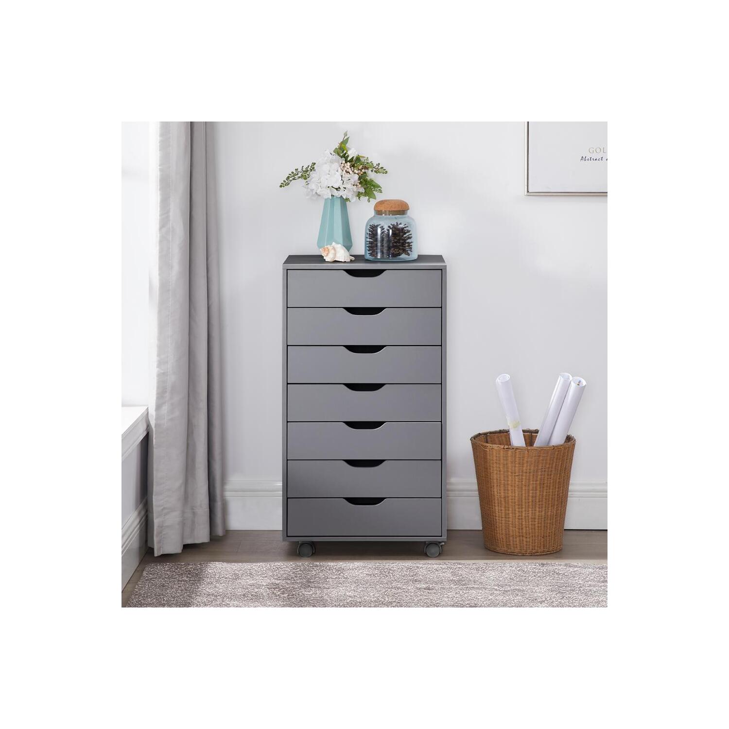 Naomi Home 7 Drawer Dresser for Bedroom, Stylish Tall Dressers with Wheels, Storage Shelves, Small Dresser for Closet, Makeup Dresser with 180 lbs Capacity - Gray