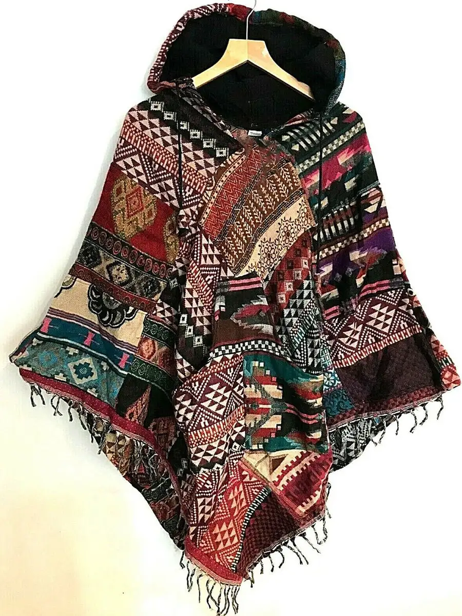 Vintage Print Ethnic Hooded Poncho