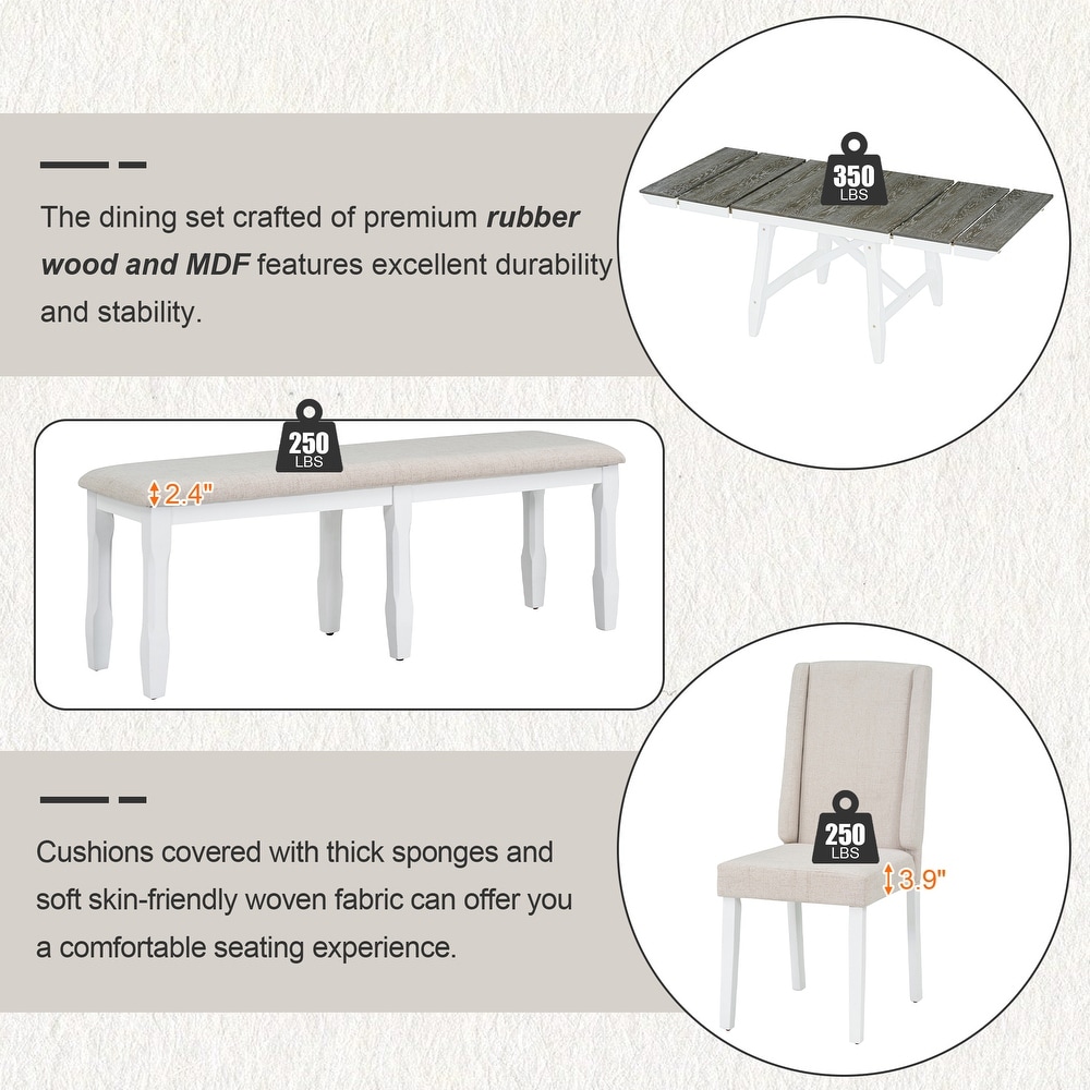 6 Piece Set  Extendable Dining Table with 4 Upholstered Chairs and 1 Bench