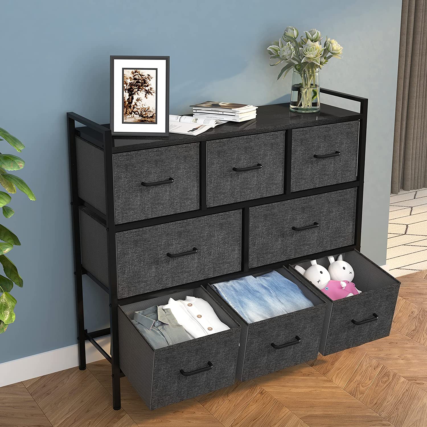 DWVO Fabric Dresser with 8 Drawers - Furniture Storage Tower Unit for Bedroom, Hallway, Closet, Office Organization, End Table Dresser - Steel Frame，Black Grey