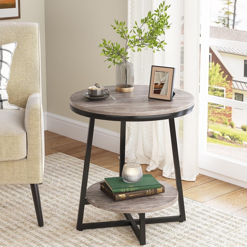 2 Tier Industrial Round Side End Table with Storage Living Room