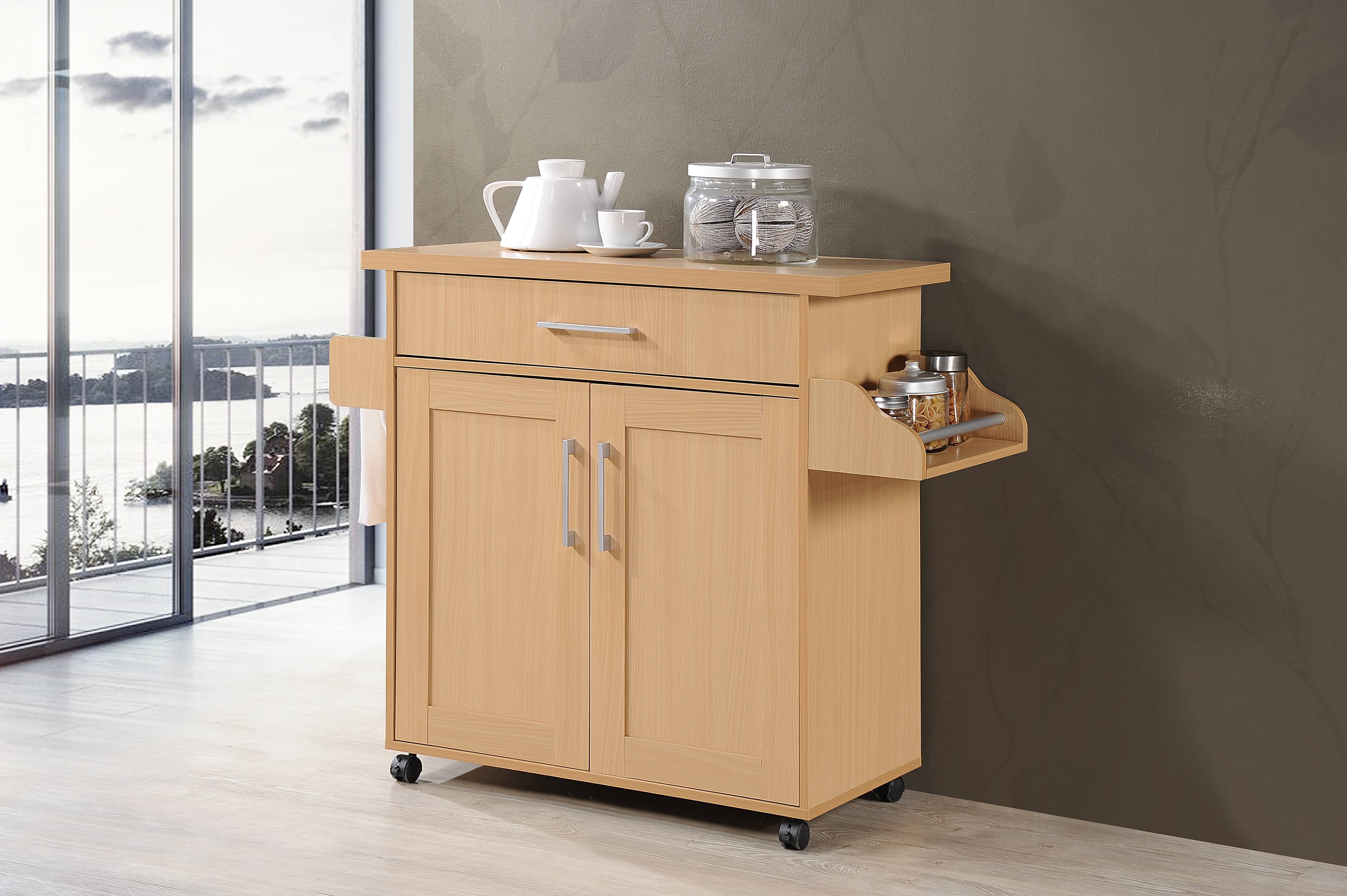 Hodedah Kitchen Cart with Spice Rack plus Towel Holder， Beech